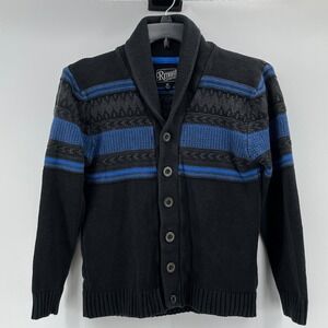 Retrofit Mens Shawl Collar Cardigan Sweater Black Blue Fair Isle SYF3-864MCY M